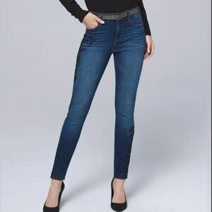 White House Black Market Skinny High Rise Flower Beaded Blue Jeans - Size: 0